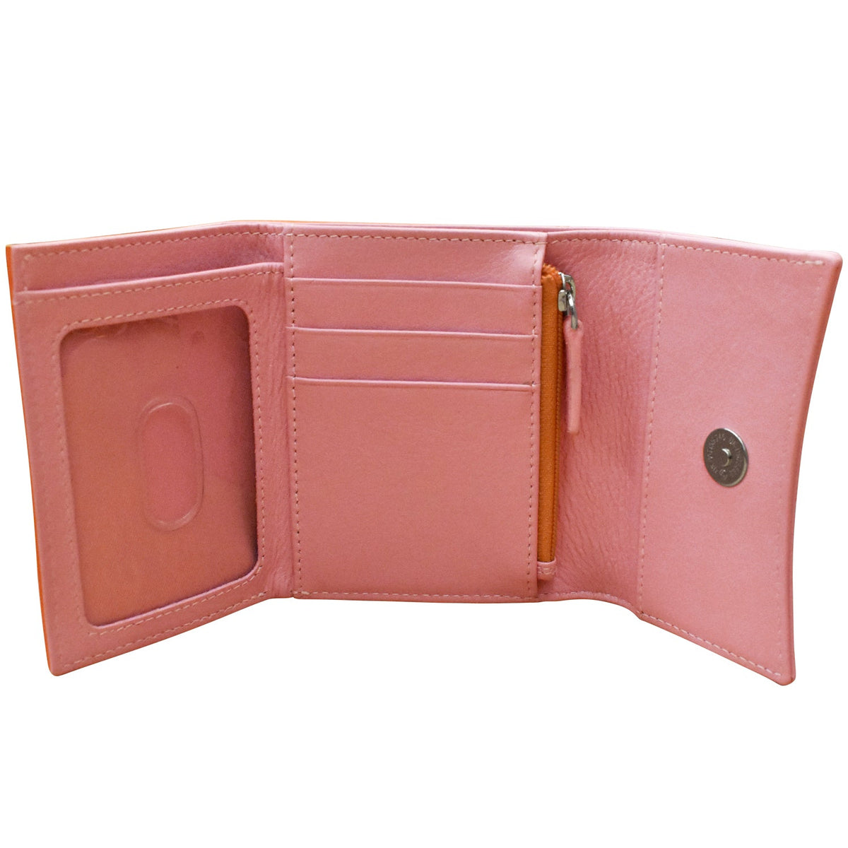 Pink leather wallet with a zipper on a white background