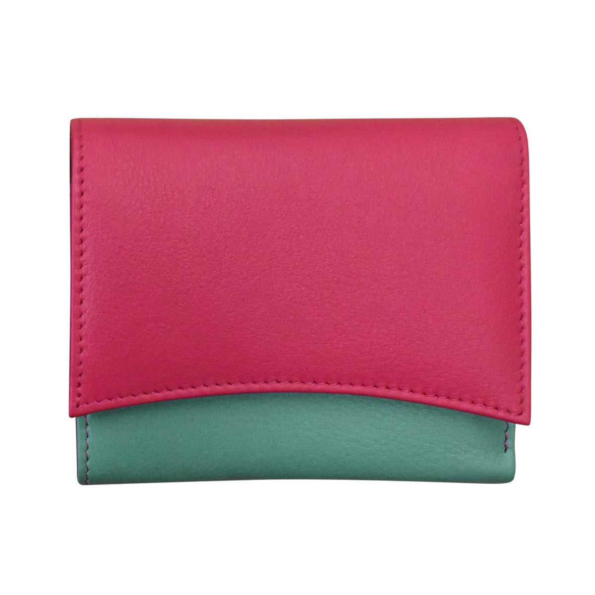 Two-tone pink and green wallet on a white background