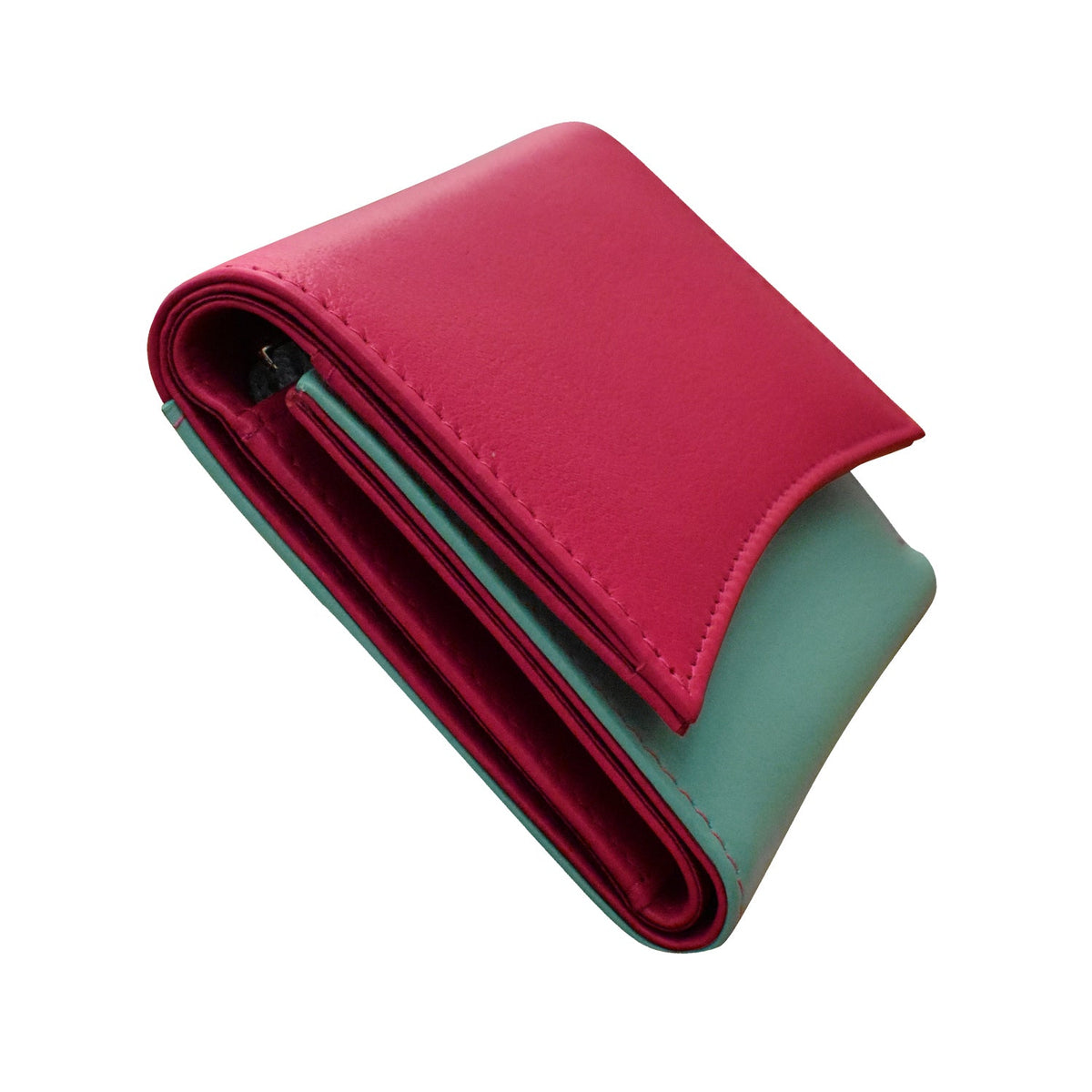 Two-tone wallet with pink top flap and green bottom section on a white background