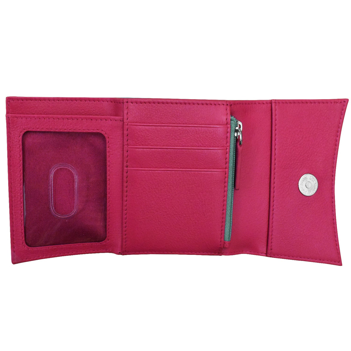 Pink wallet with card slots and a zipper on a white background