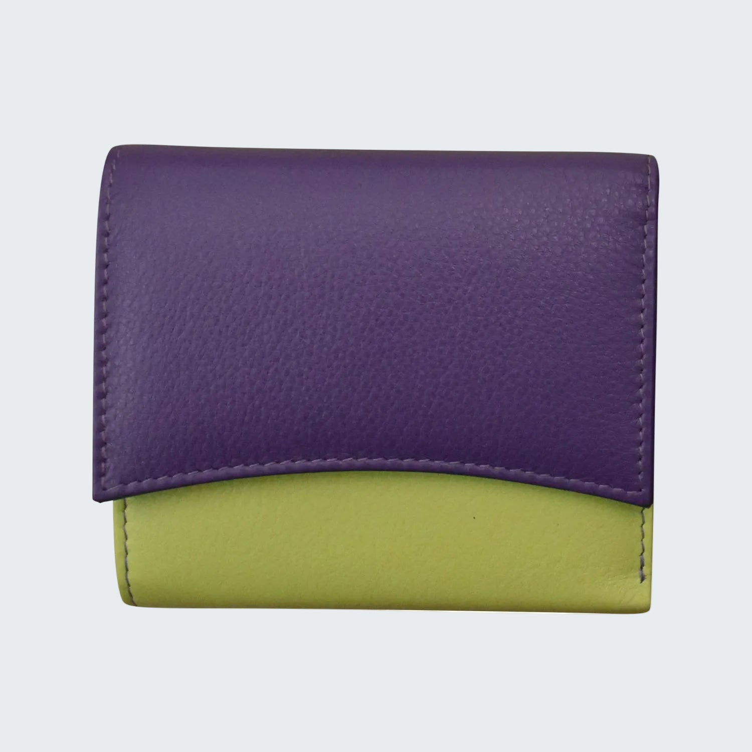 A two-tone pebbled leather wallet with a purple top flap and a lime green bottom section, shown against a plain white background.