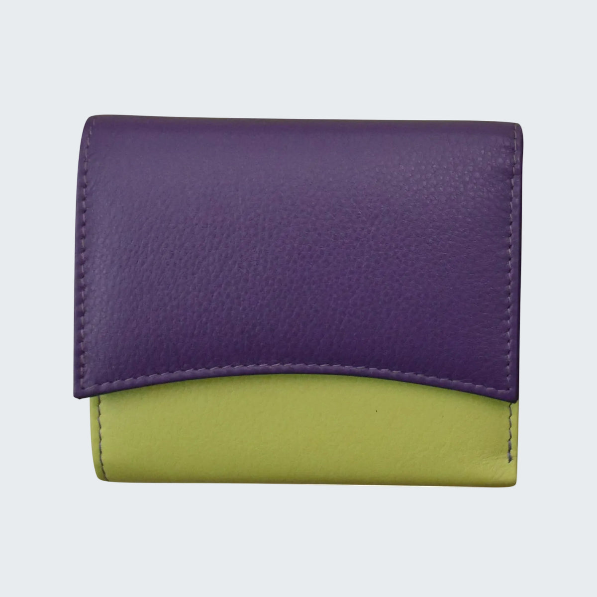 A two-tone pebbled leather wallet with a purple top flap and a lime green bottom section, shown against a plain white background.