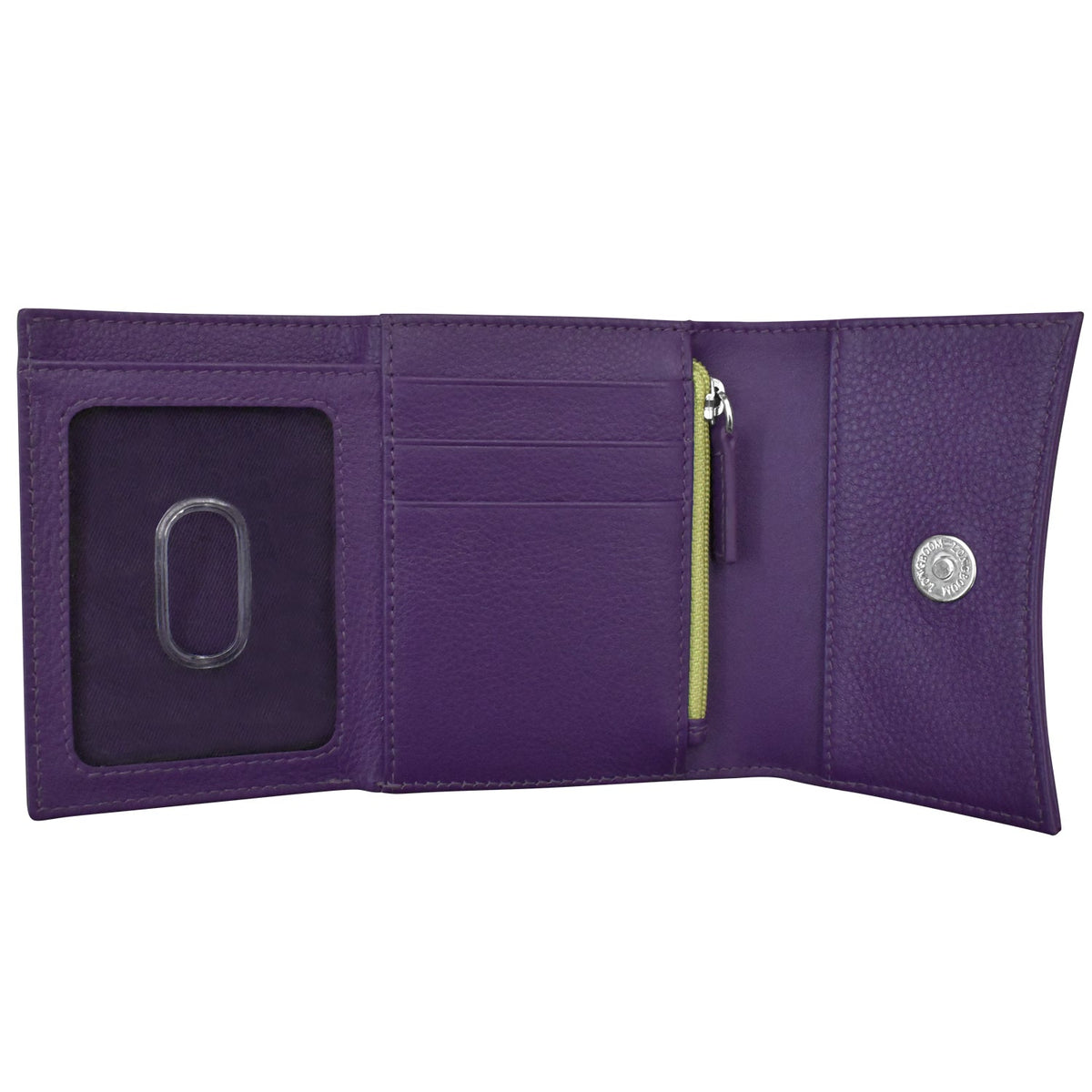 Purple wallet with a card holder and zipper pocket on a white background