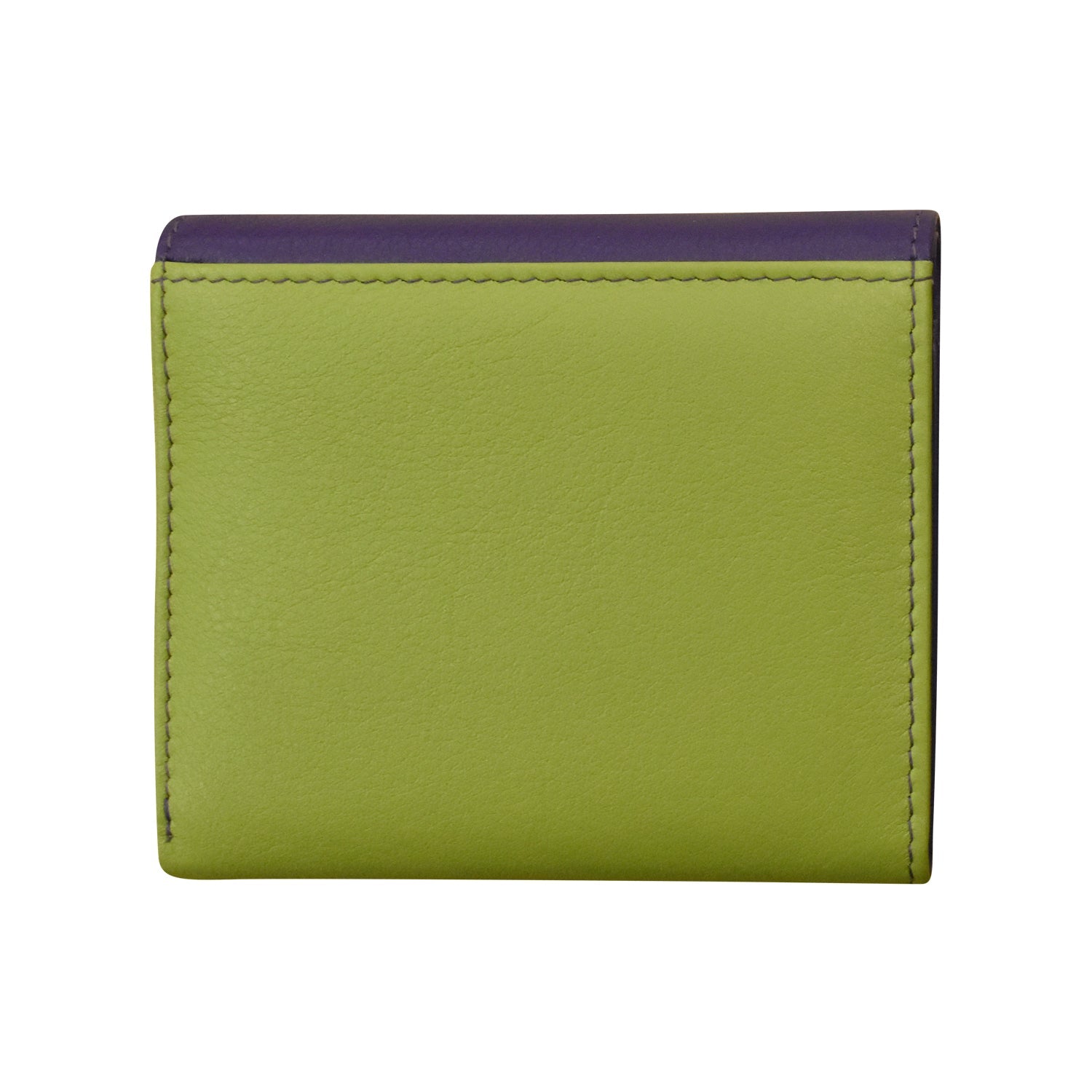 Green leather wallet with purple top on a white background