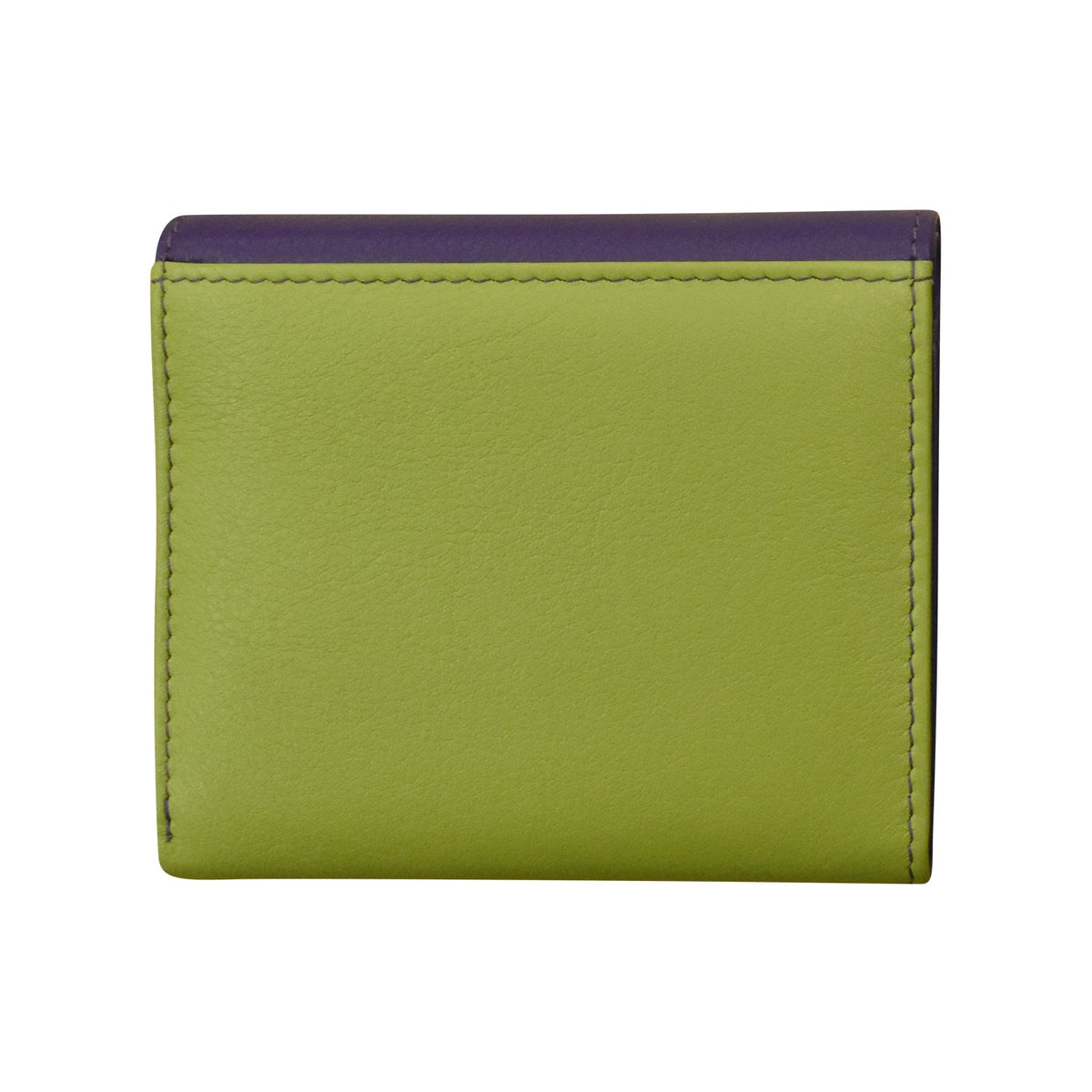 Green leather wallet with purple top on a white background
