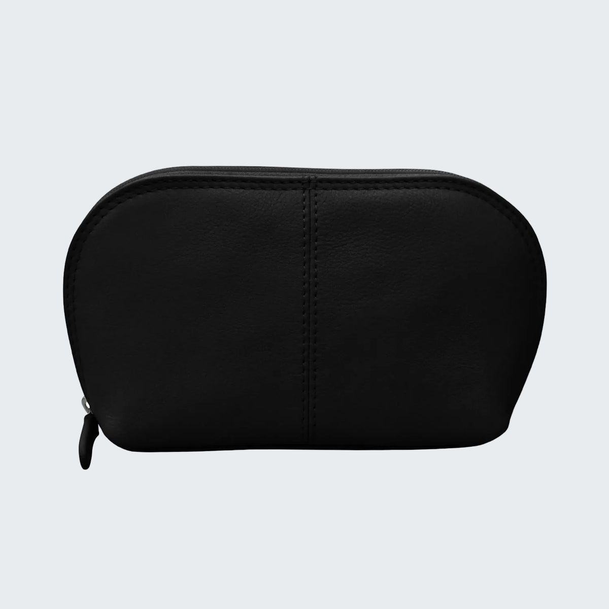 A black pebbled leather cosmetic pouch with a rounded rectangular shape, a top zipper, and a vertical center seam, shown on a plain white background.