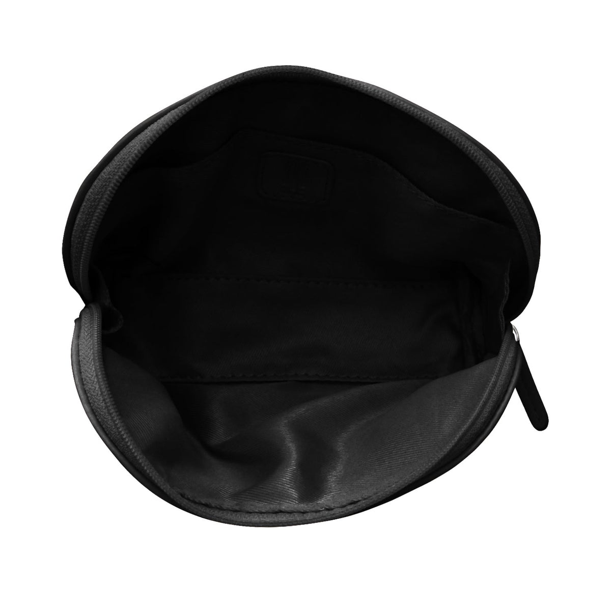Black round pouch with a zipper on a white background
