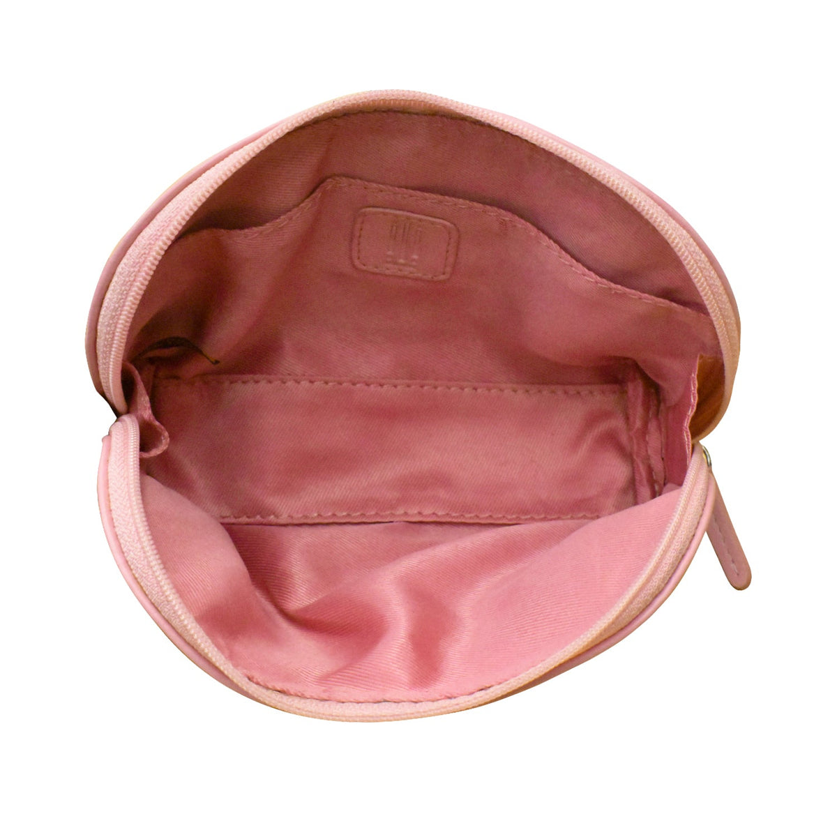 Pink round pouch with a visible brand logo on a white background