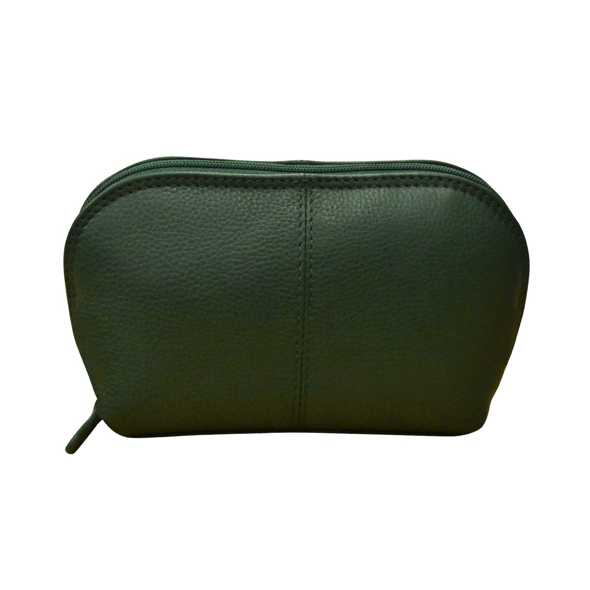 Green leather pouch with a zipper on a white background