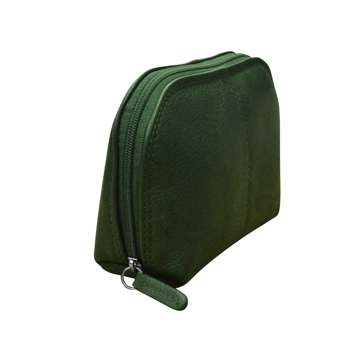 Green zippered pouch on a white background