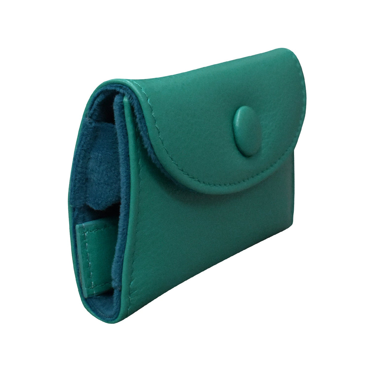 Green leather wallet with a button on a white background