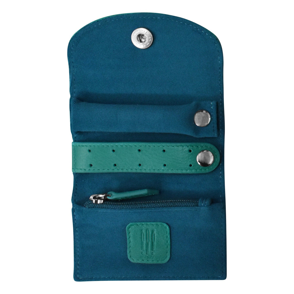 Blue fabric pouch with green accents and metal buttons on a white background