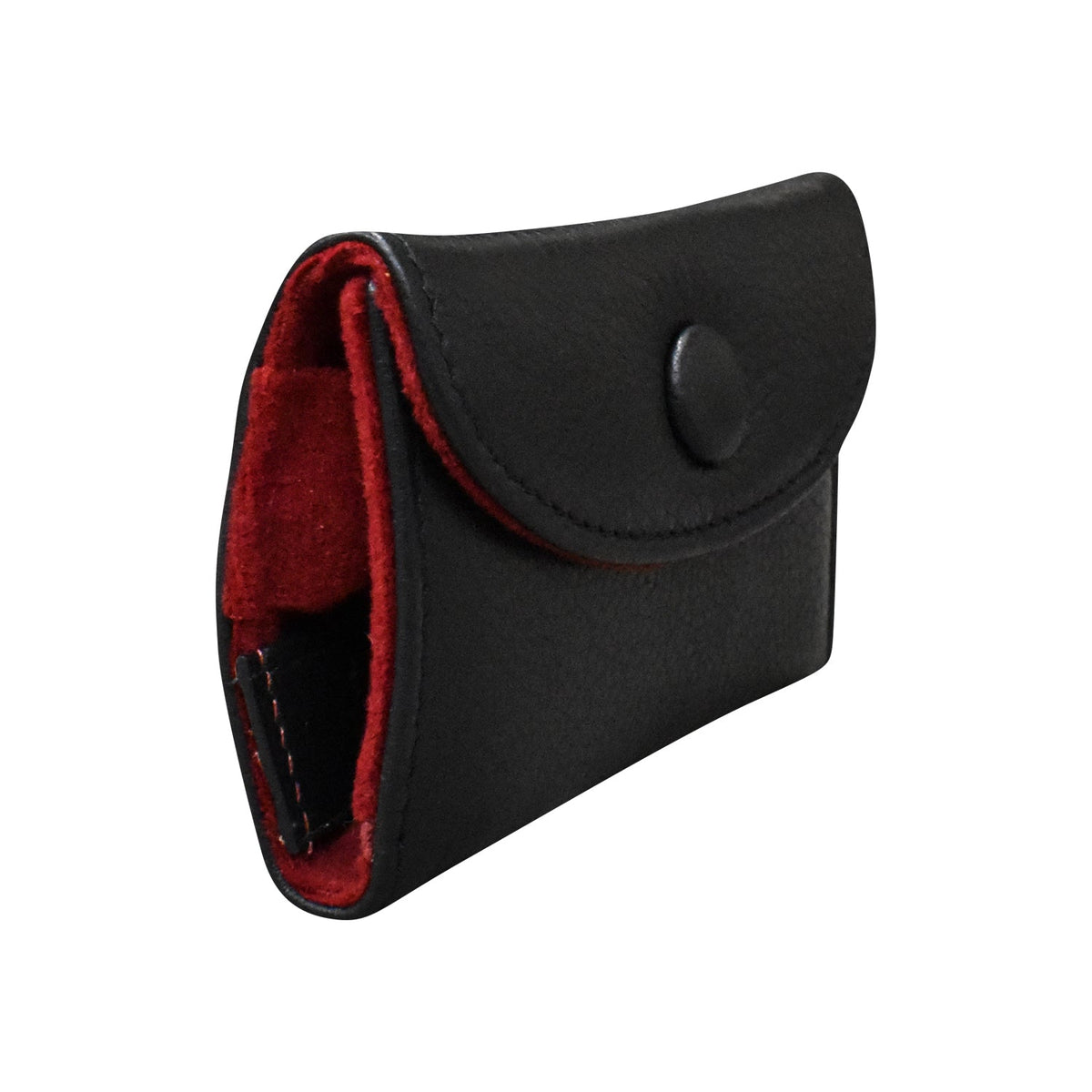 Black leather wallet with red interior on a white background