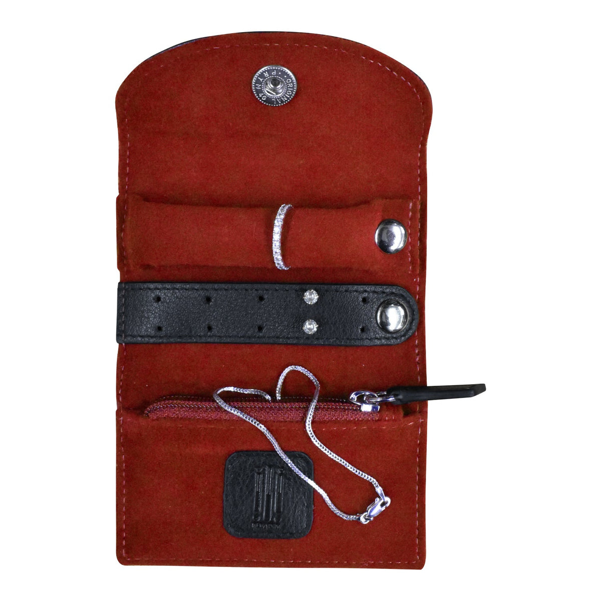 Red jewelry case with a black strap holding a necklace on a white background