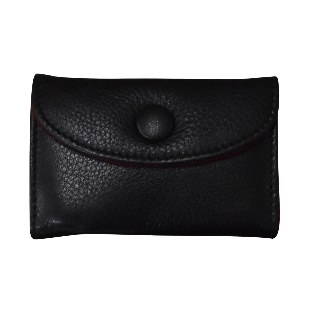 Black leather cardholder with a button on a white background