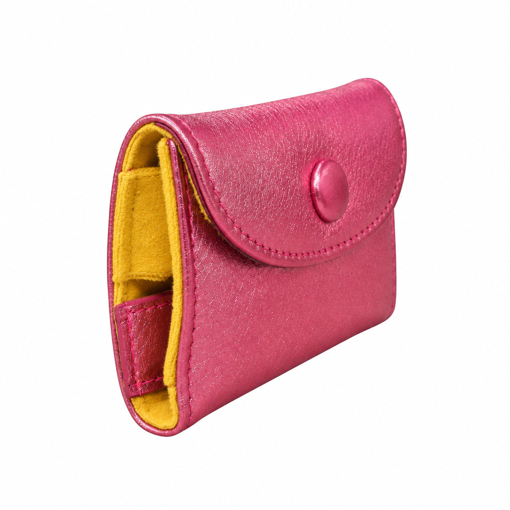 Small metallic green wallet with a button closure on a white background