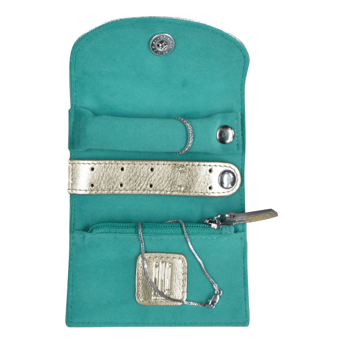 Teal jewelry roll with silver jewelry inside on a white background