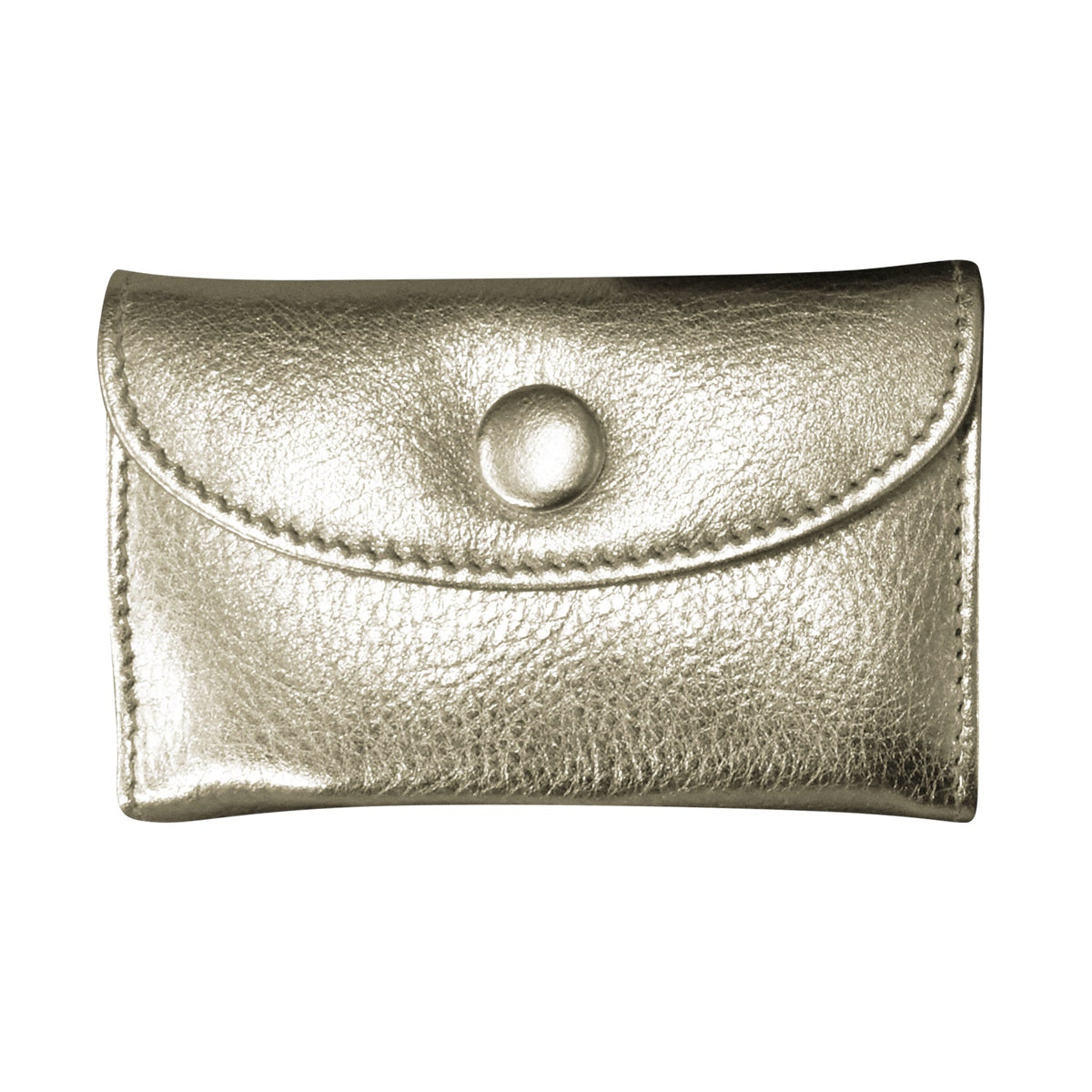 Silver metallic cardholder with a button on a white background