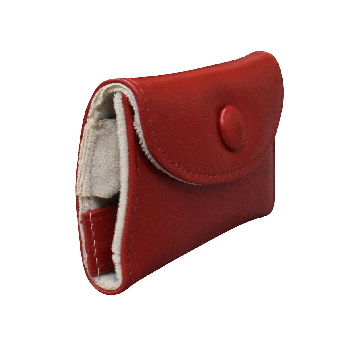 Red leather wallet with a button closure on a white background