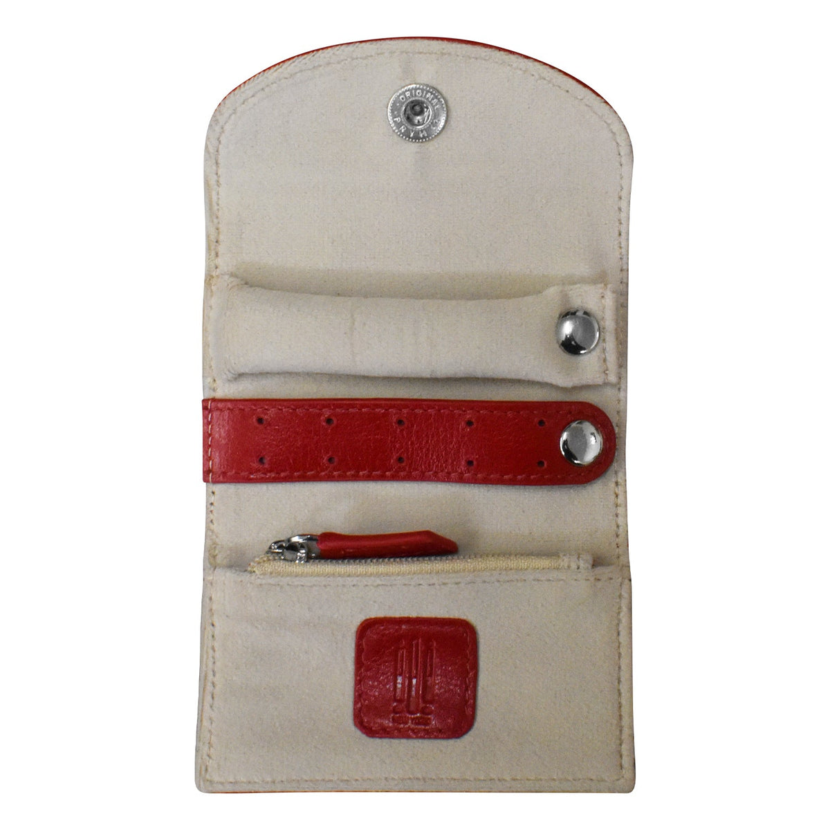 Beige wallet with red accents on a white background