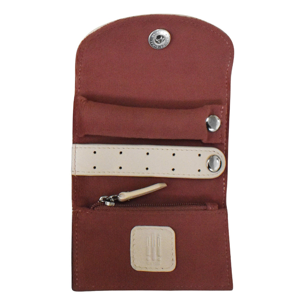Brown wallet with a beige strap on a white background