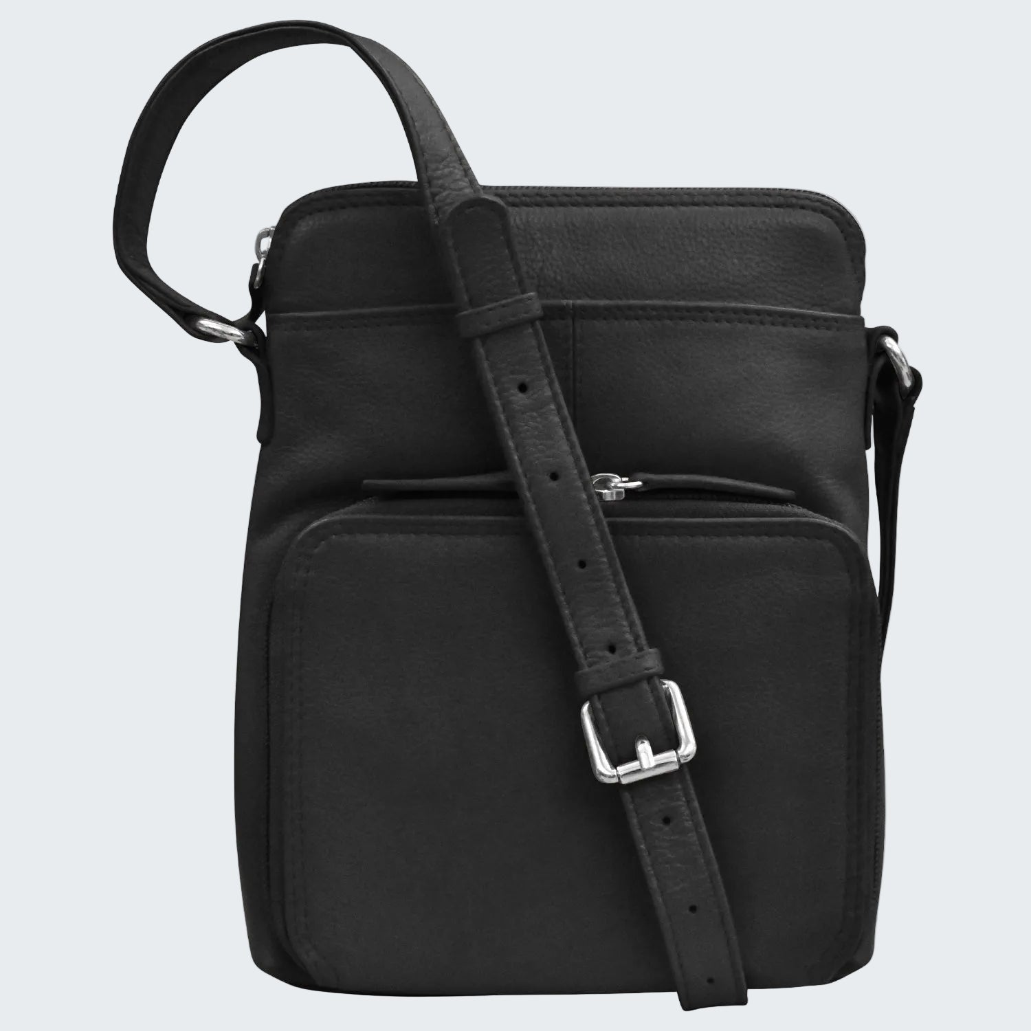 Black crossbody bag with a strap on a white background