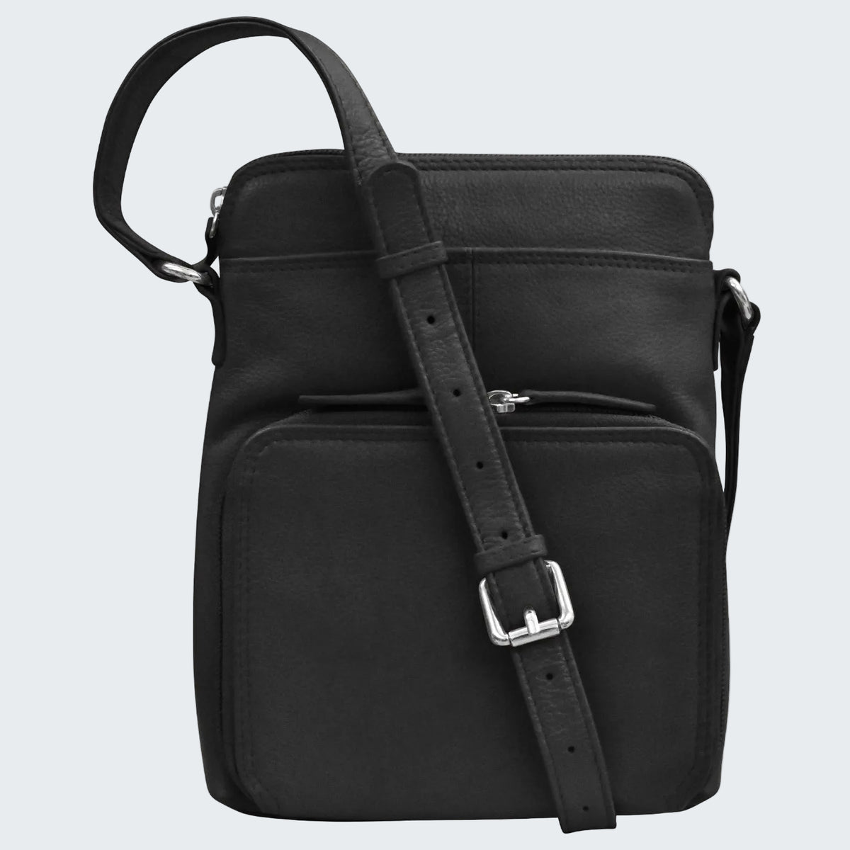 Black crossbody bag with a strap on a white background