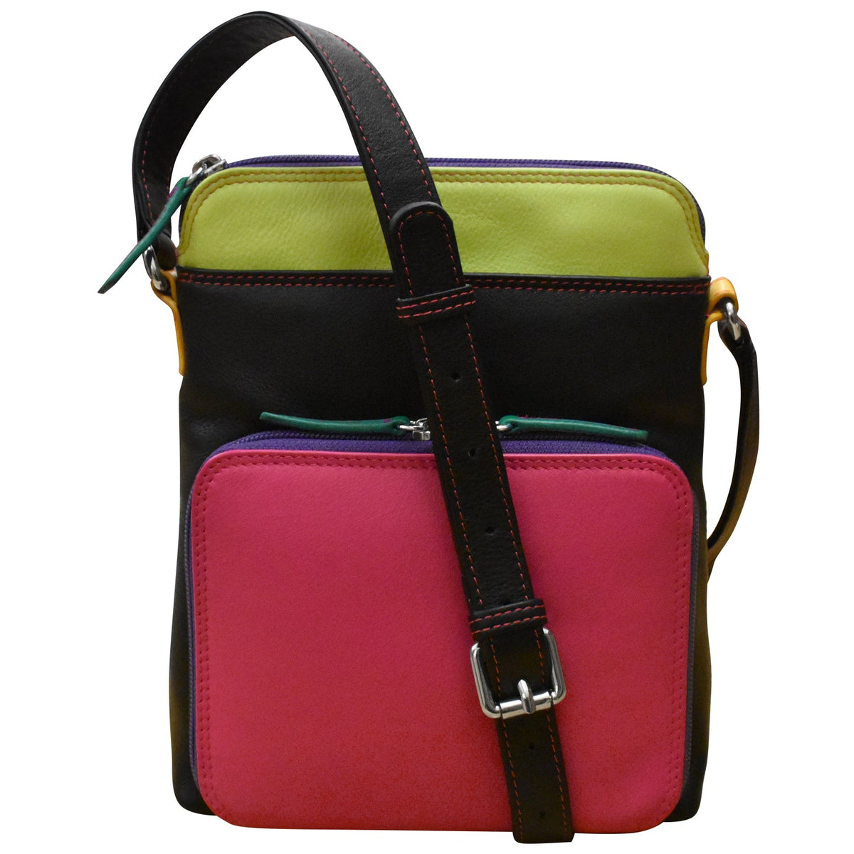 Multicolored handbag with a black strap on a white background