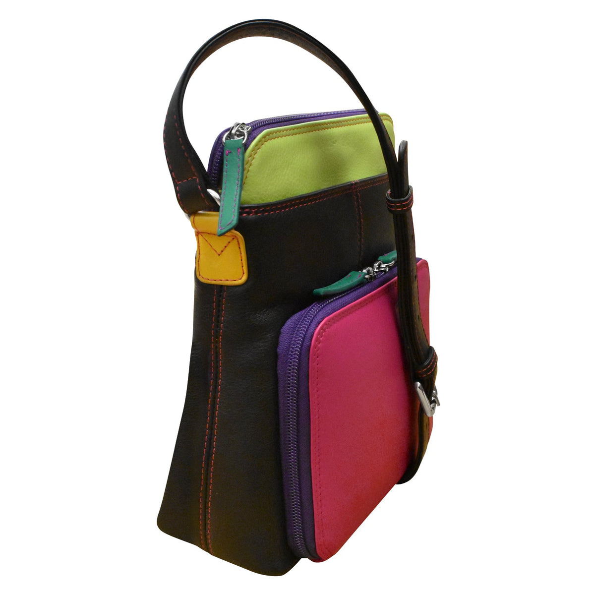Multicolored handbag with a mix of black, pink, yellow, and green on a white background