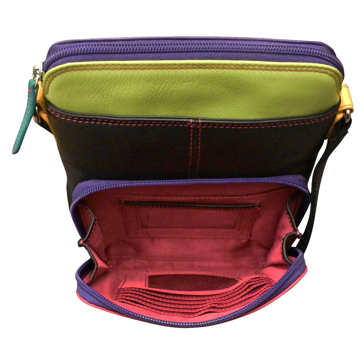 Multicolored bag with open interior on a white background