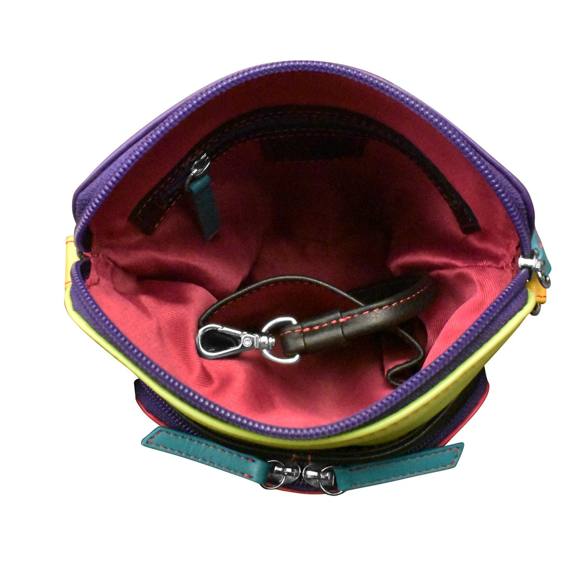 Multicolored pouch with a keychain on a white background