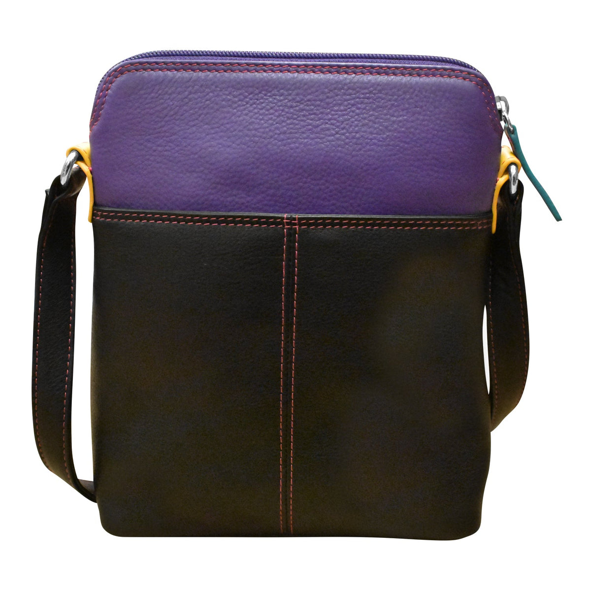Purple and black leather crossbody bag on a white background