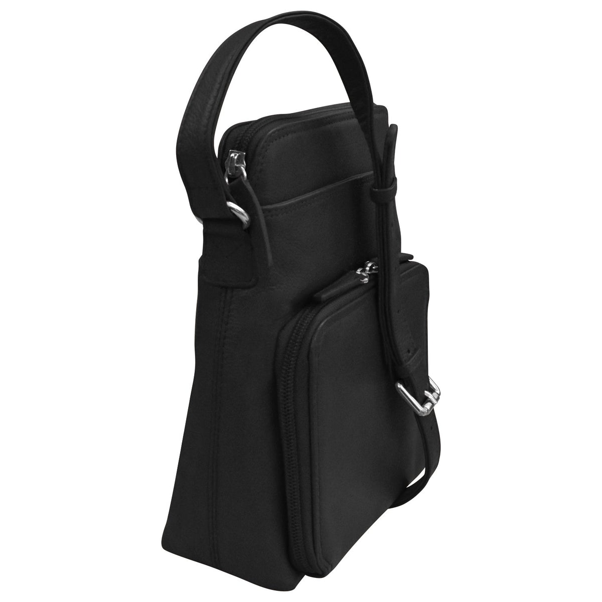Brown leather handbag with a shoulder strap on a white background