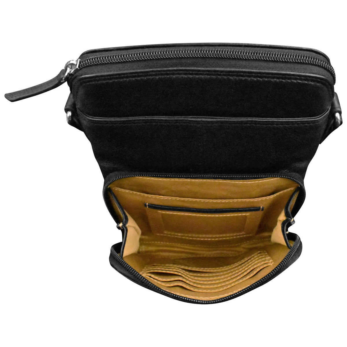 Black leather bag with open compartment showing tan interior on a white background
