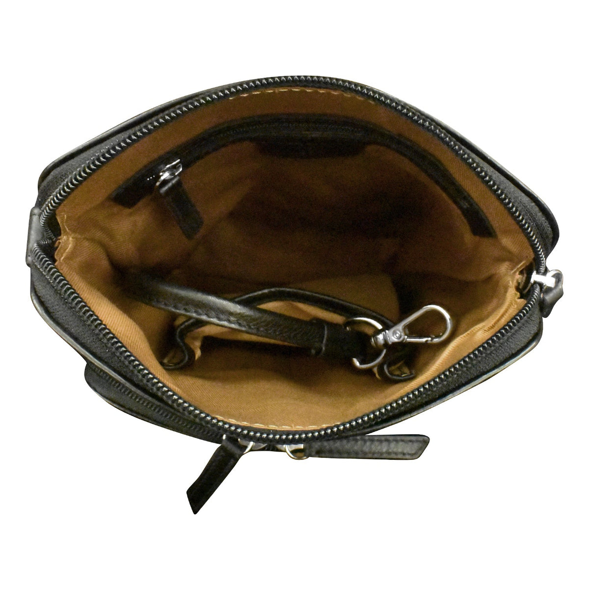 Open black leather pouch with a keychain on a white background