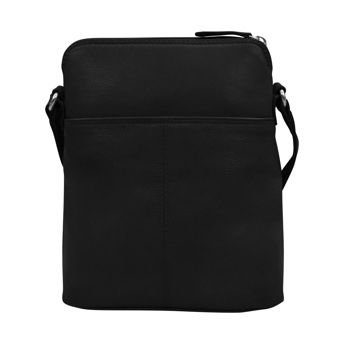 Black leather crossbody bag on a white background