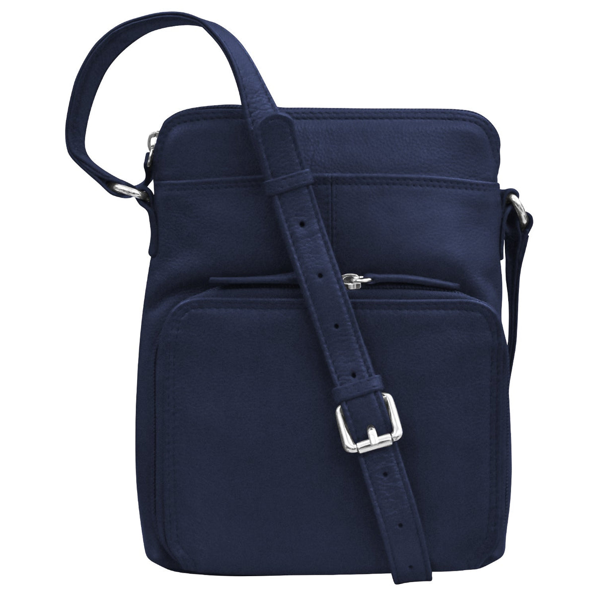 Black crossbody bag with a strap on a white background