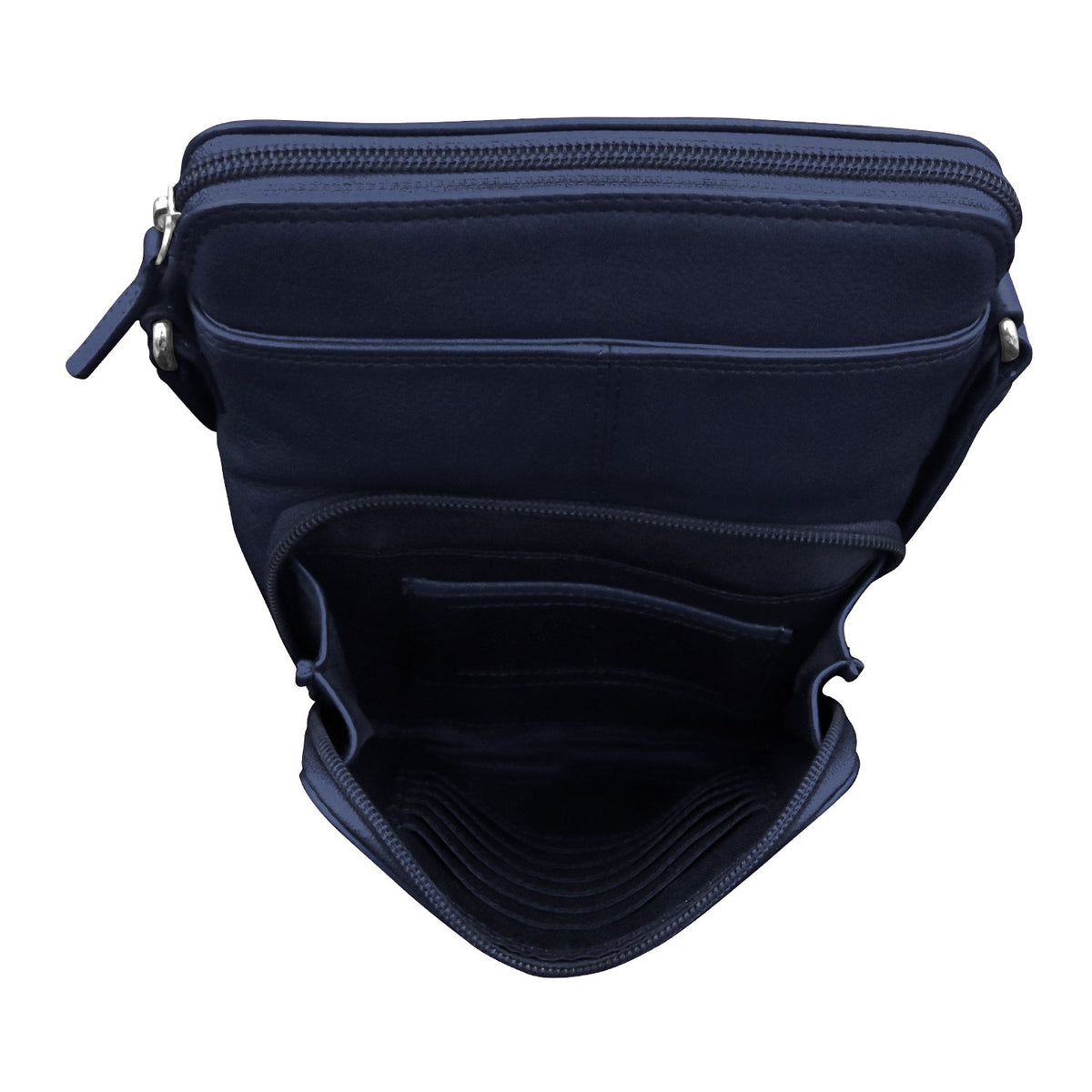 Brown waist bag with multiple zippers on a white background
