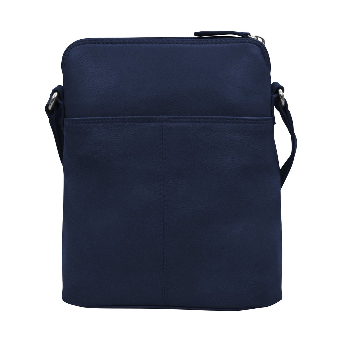 Navy blue leather crossbody bag on a white background