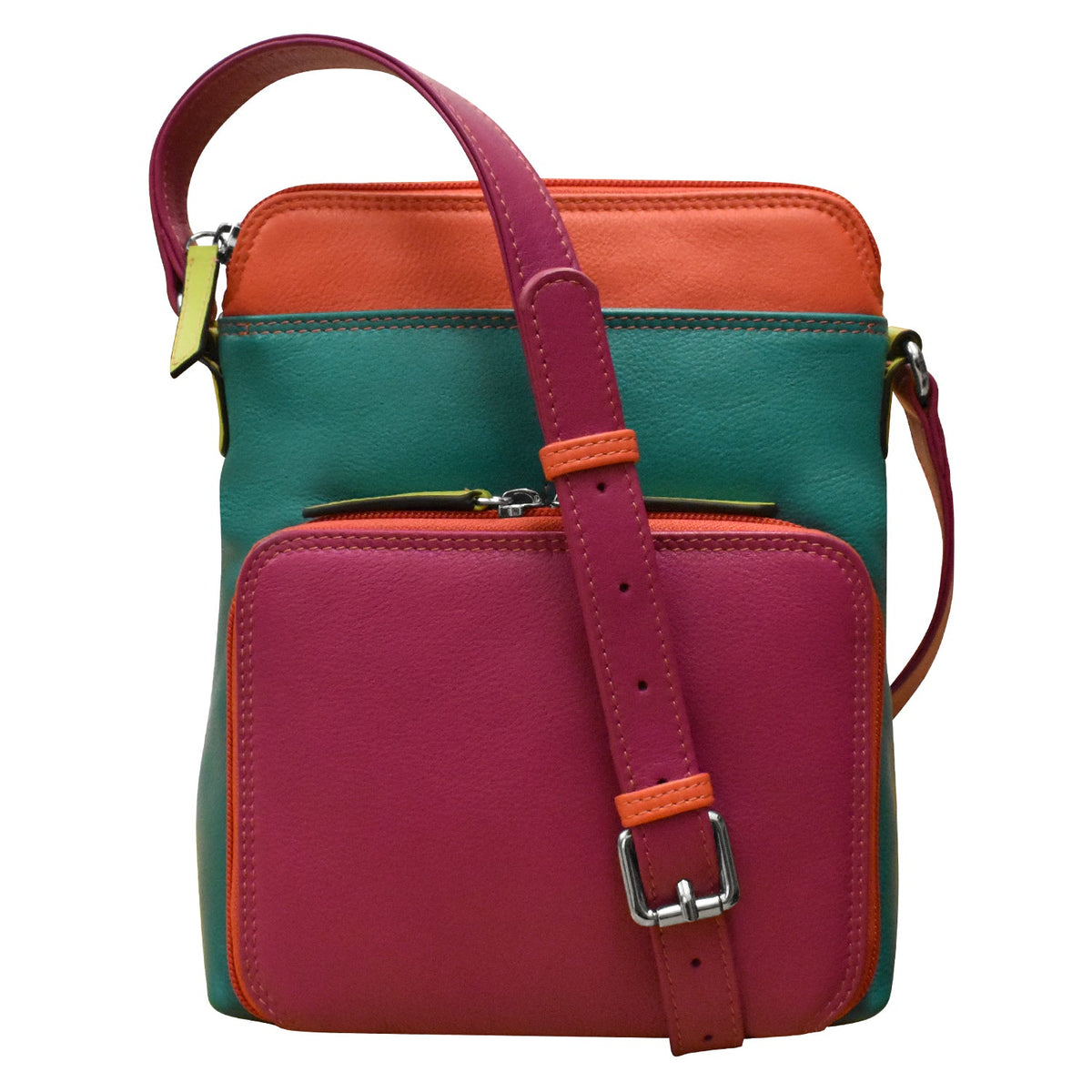 Multicolored handbag with a strap on a white background