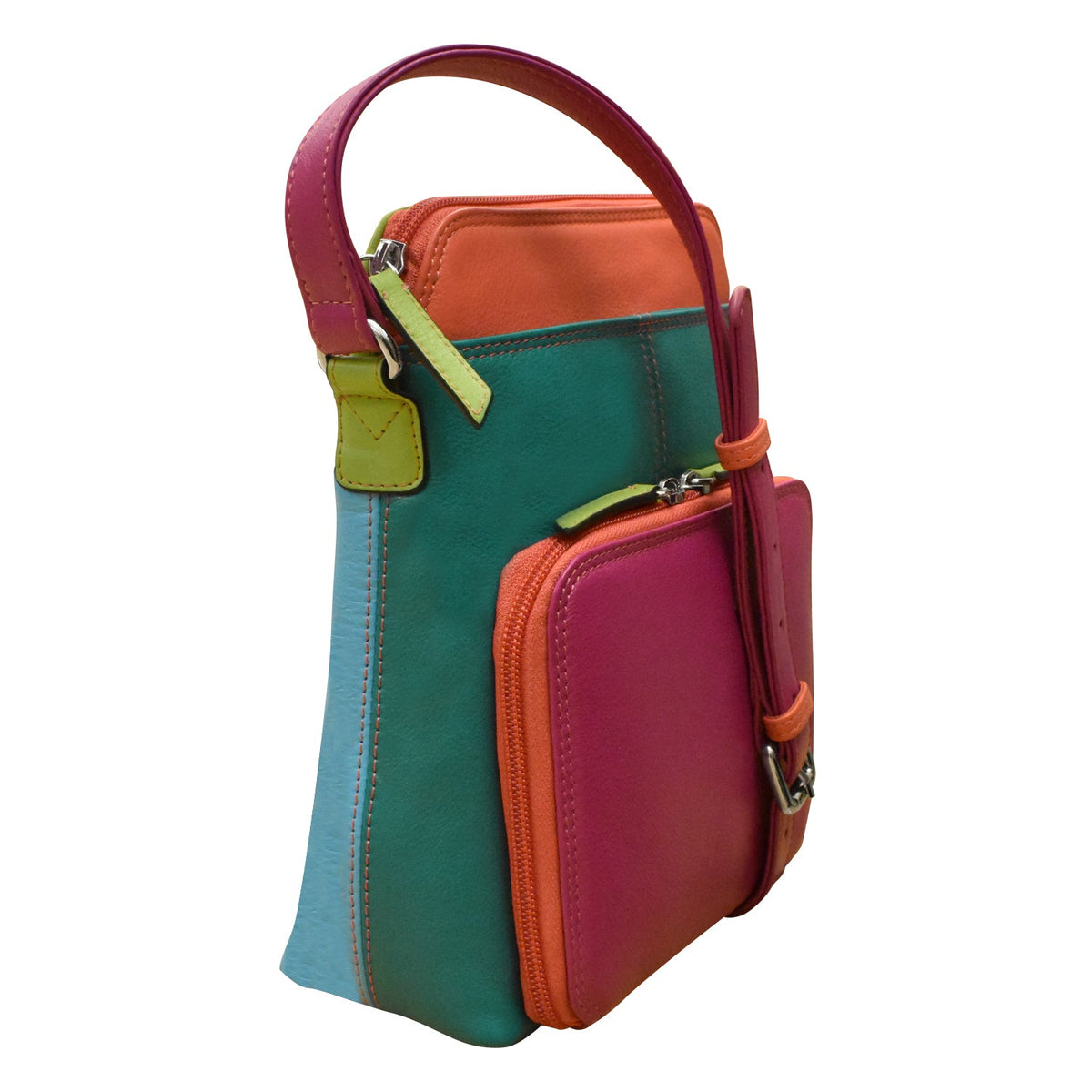 Multicolored handbag with a handle on a white background