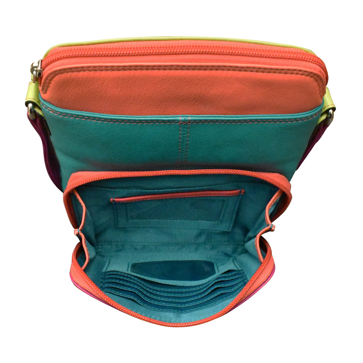 Multicolored bag with open front pocket on a white background