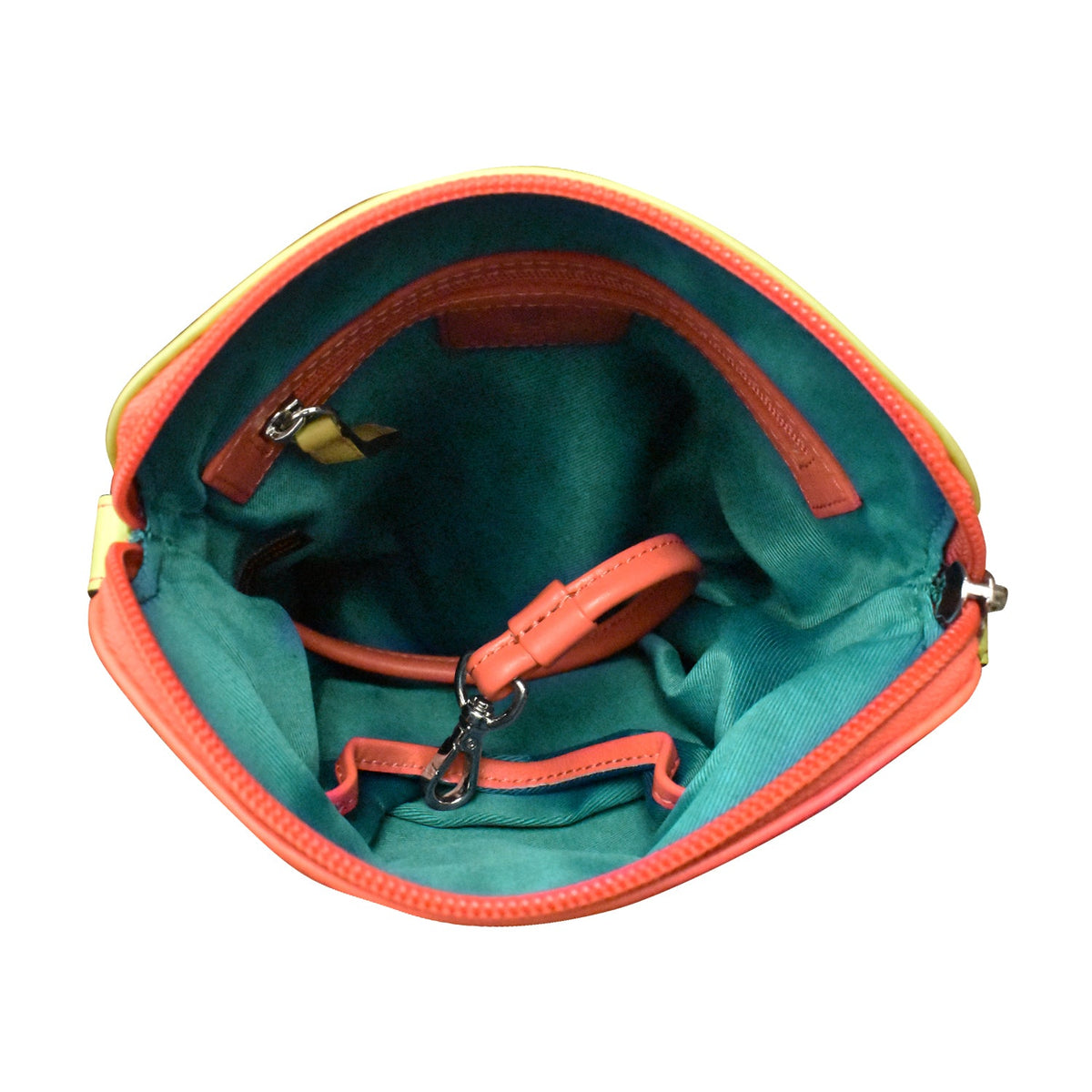 Open teal handbag with coral trim on a white background