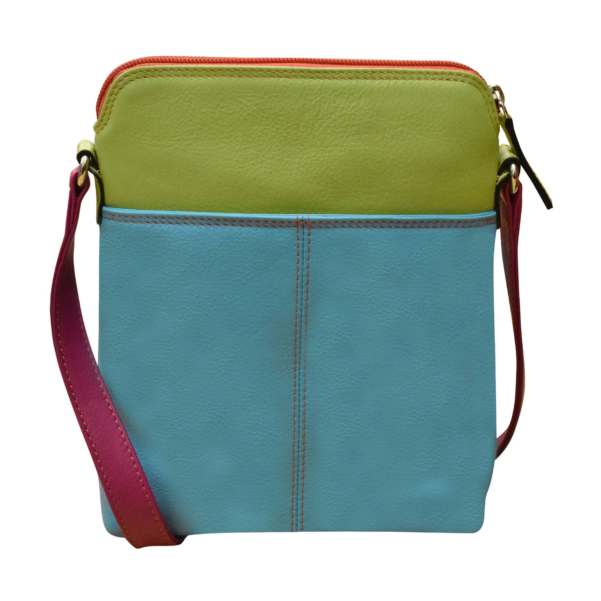 Two-tone green and blue handbag with a red strap on a white background
