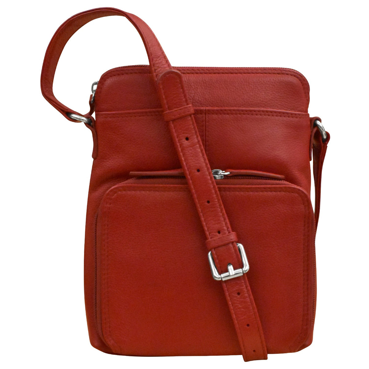 Red leather crossbody bag with a strap on a white background