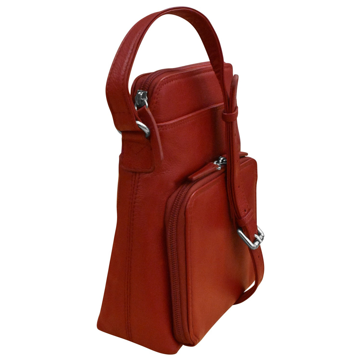 Red leather handbag with a shoulder strap on a white background