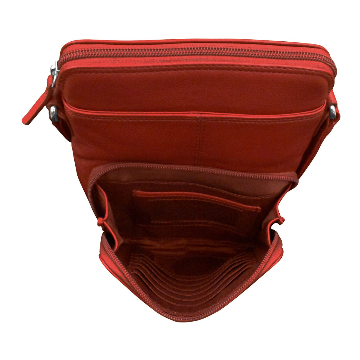 Red crossbody bag with multiple compartments on a white background