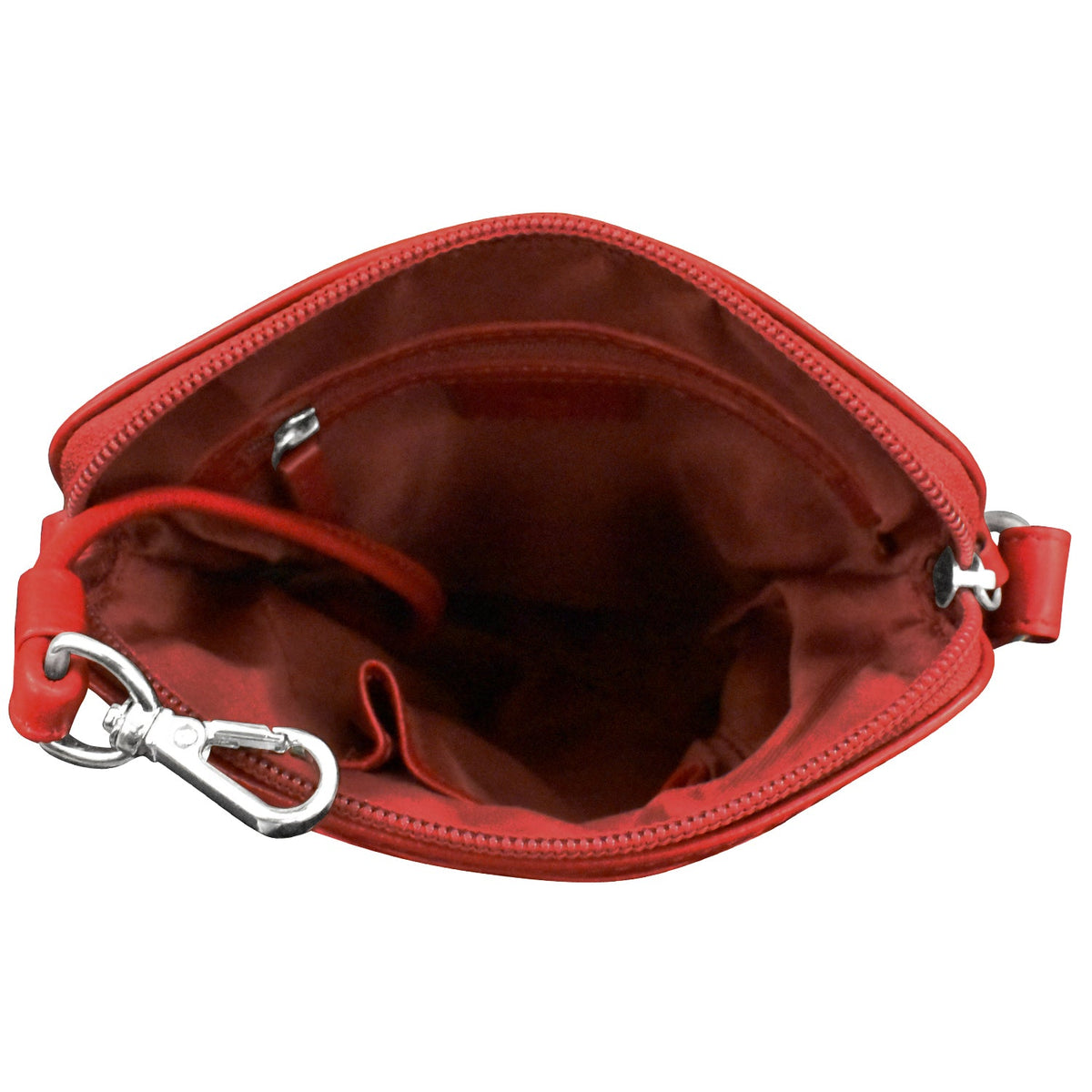 Red pouch with a silver clasp on a white background