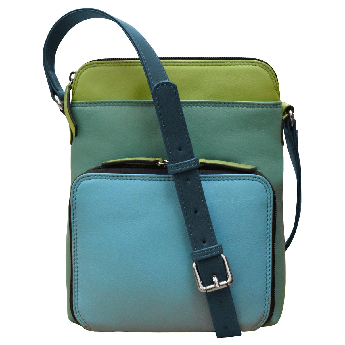 Two-tone green and blue handbag with a strap on a white background