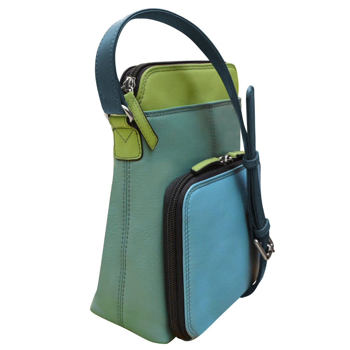 Green and blue handbag with a strap on a white background